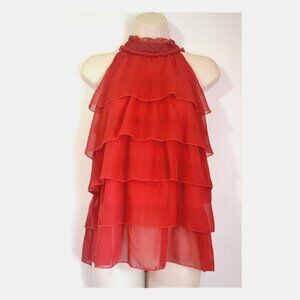 Pretty High Neck Red Ruffle Blouse Size M